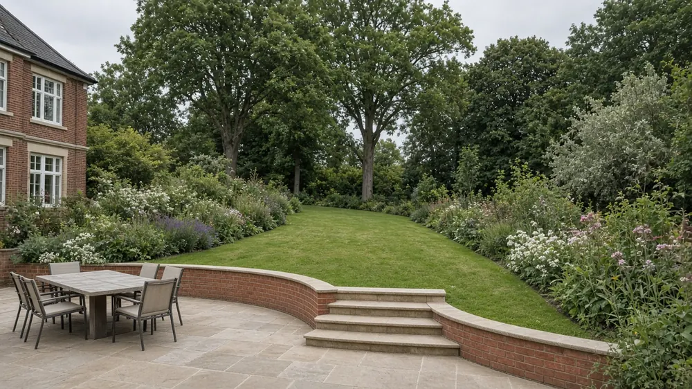 Example image: a wide sandstone patio with a curved brick retaining wall and three steps up to a raised lawn