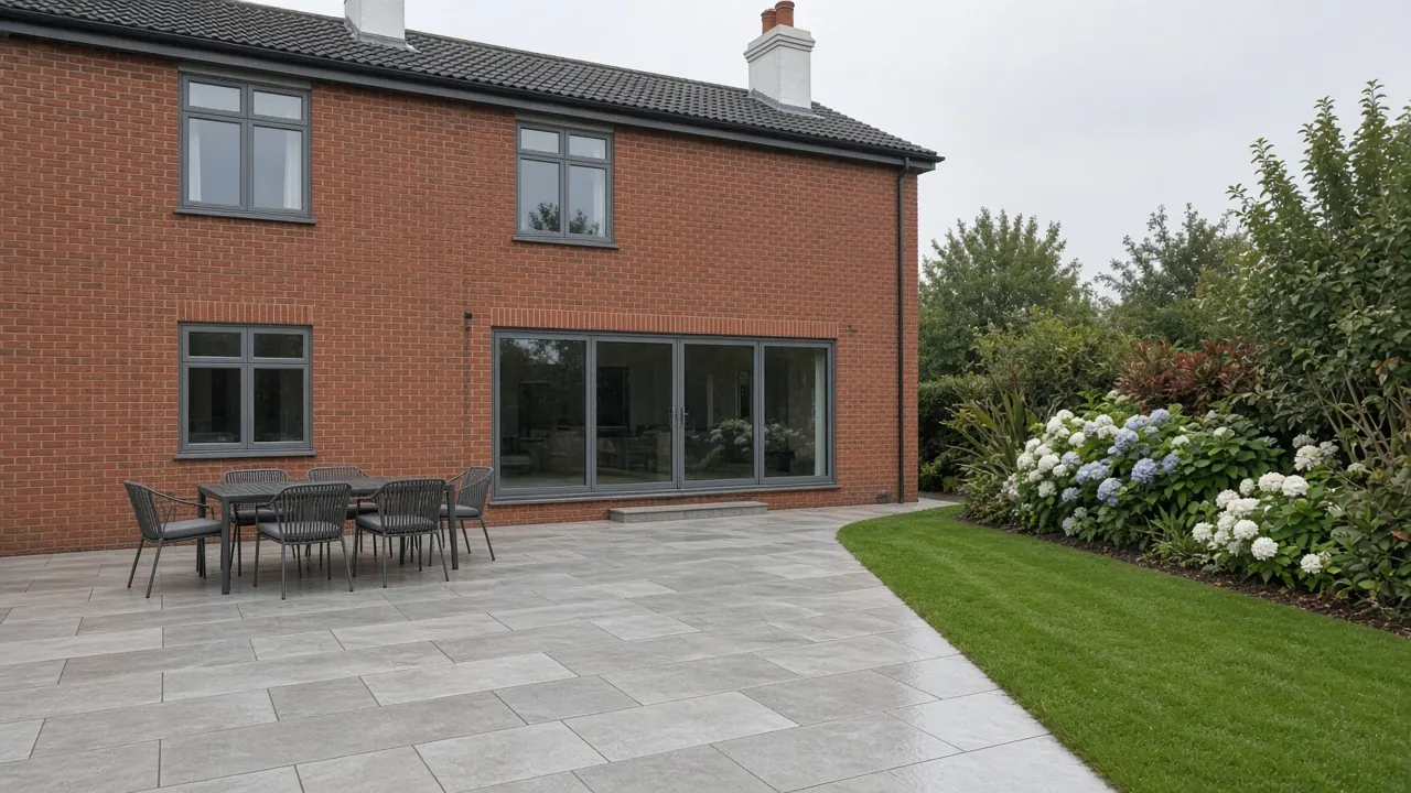 Example image: a generous pale grey porcelain patio outside patio doors on an executive detached house, wet after rain