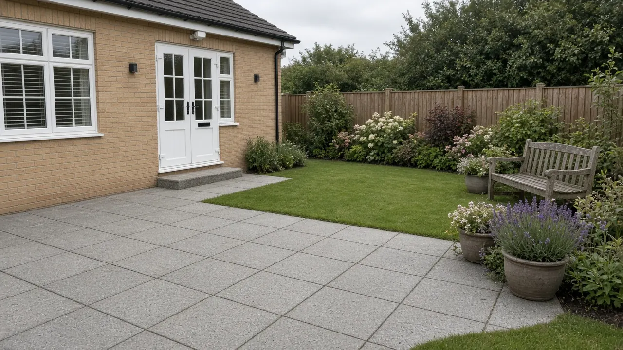 Example image: a buff textured slab patio with a charcoal border behind a smart extended 1930s semi